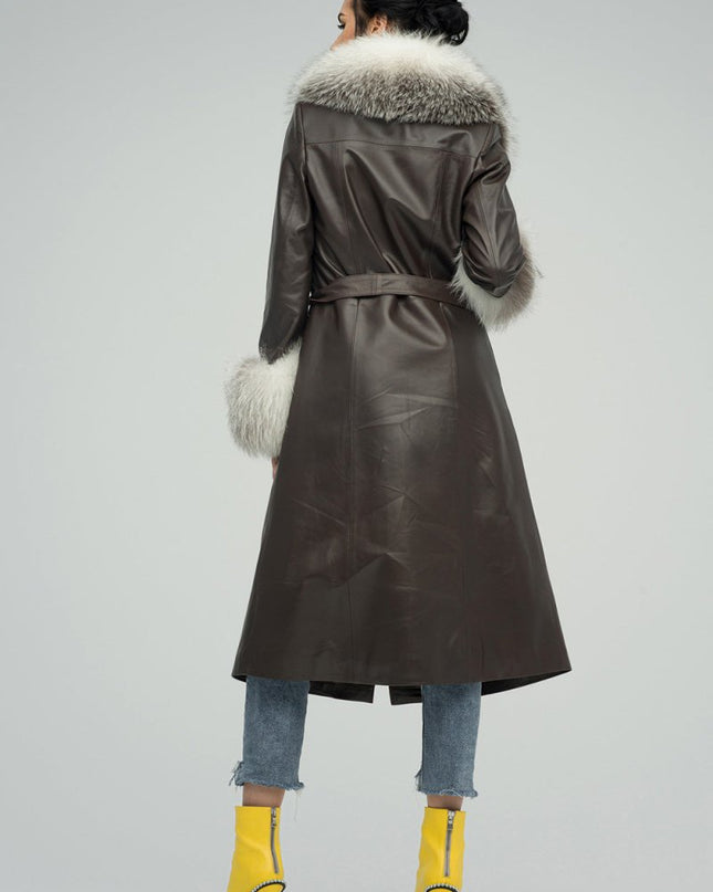 Brown Genuine Maxi Lambskin Overcoat with Arctic Fox Fur Collar and Cuffs - Leather Coats - Buy Me Fur Ltd