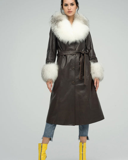 Brown Genuine Maxi Lambskin Overcoat with Arctic Fox Fur Collar and Cuffs - Leather Coats - Buy Me Fur Ltd