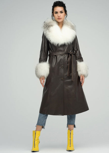 Brown Genuine Maxi Lambskin Overcoat with Arctic Fox Fur Collar and Cuffs - Leather Coats - Buy Me Fur Ltd