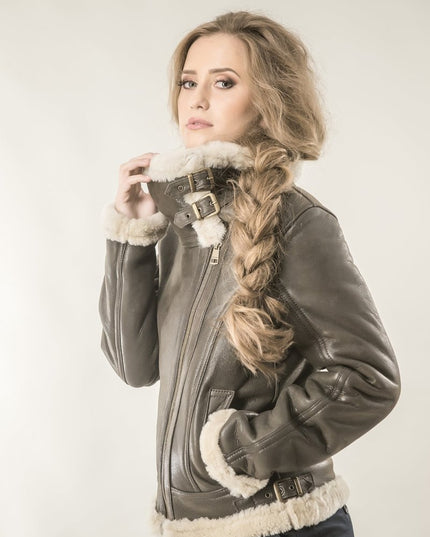 Brown Shearling Leather Biker Jacket with Merino Fur - Leather Jackets - Buy Me Fur Ltd
