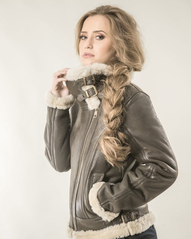 Brown Shearling Leather Biker Jacket with Merino Fur - Leather Jackets - Buy Me Fur Ltd