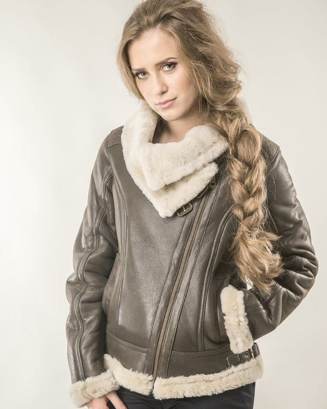 Brown Shearling Leather Biker Jacket with Merino Fur - Leather Jackets - Buy Me Fur Ltd