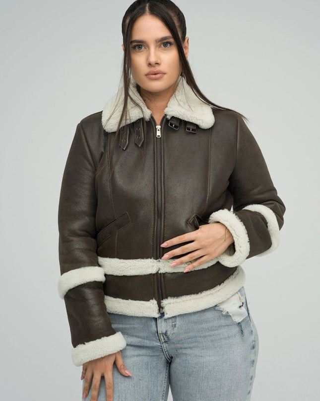 Brown Shearling Leather Jacket - Merino Shearling, Stylish & Warm - Leather Jackets - Buy Me Fur Ltd