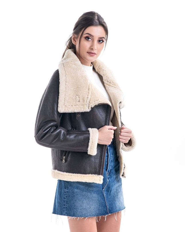 Brown Shearling Leather Jacket with Merino Fur Detailing - Leather Jackets - Buy Me Fur Ltd