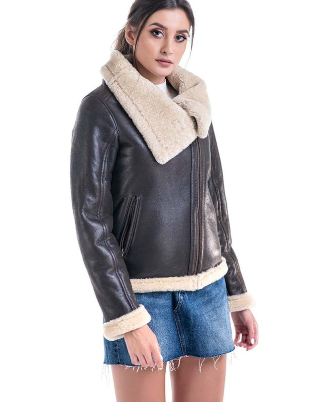 Brown Shearling Leather Jacket with Merino Fur Detailing - Leather Jackets - Buy Me Fur Ltd