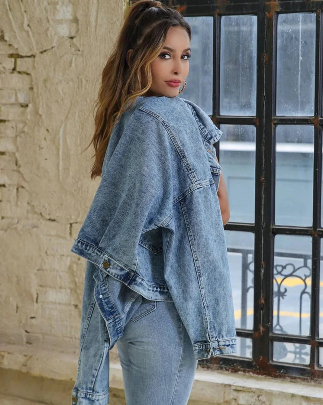 Button Down Drop Shoulder Denim Jacket - Trendsi