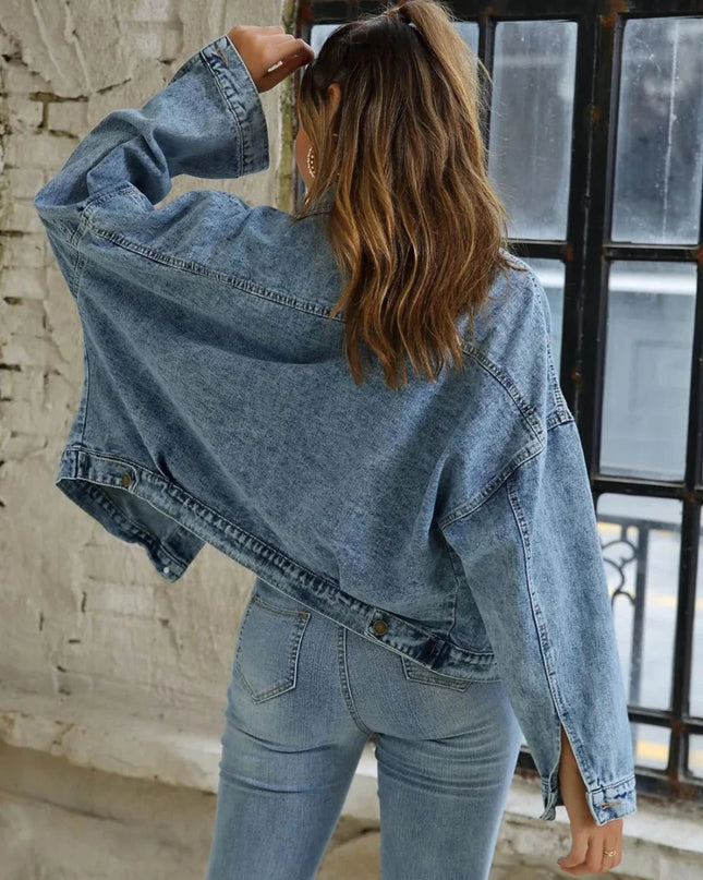 Button Down Drop Shoulder Denim Jacket - Trendsi