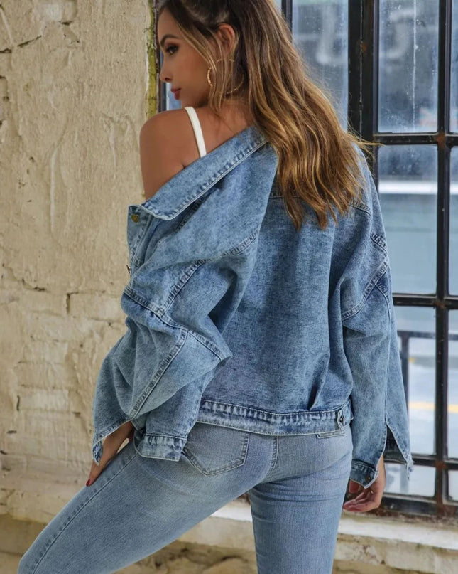 Button Down Drop Shoulder Denim Jacket - Trendsi