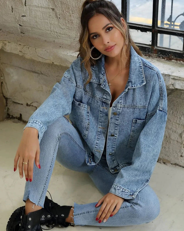 Button Down Drop Shoulder Denim Jacket - Trendsi