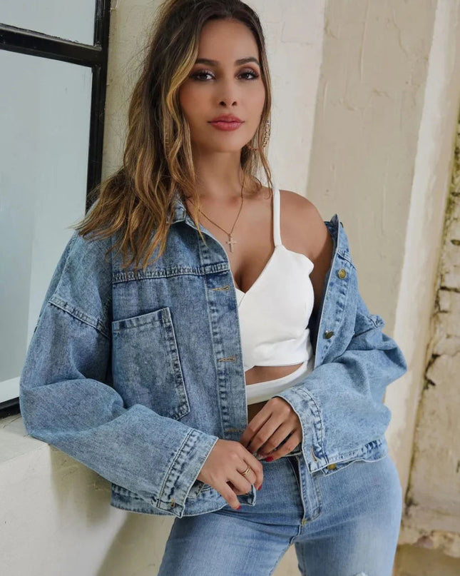 Button Down Drop Shoulder Denim Jacket - Trendsi