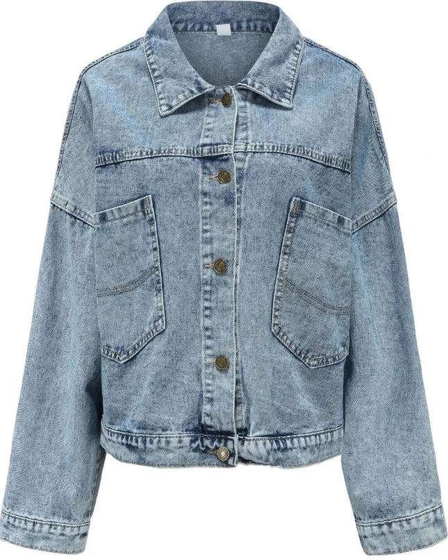 Button Down Drop Shoulder Denim Jacket - Trendsi