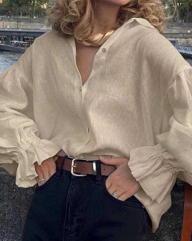 Button - Down Flounce Sleeve Shirt - Trendsi