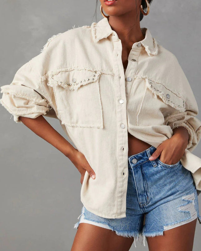 Button Down Raw Hem Denim Jacket - Trendsi