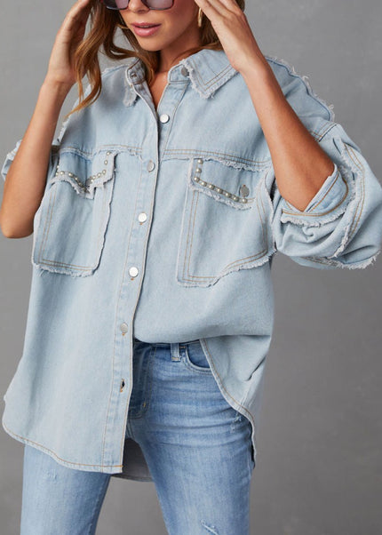 Button Down Raw Hem Denim Jacket - Trendsi