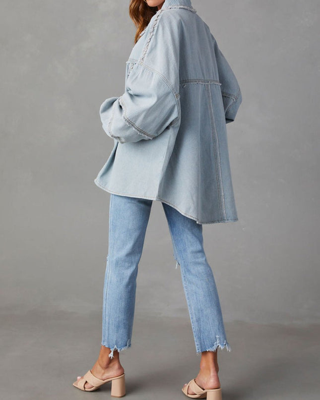Button Down Raw Hem Denim Jacket - Trendsi