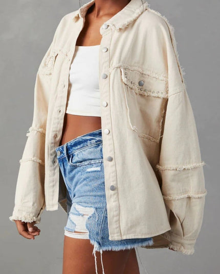 Button Down Raw Hem Denim Jacket - Trendsi