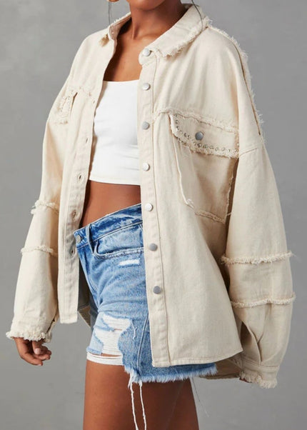 Button Down Raw Hem Denim Jacket - Trendsi