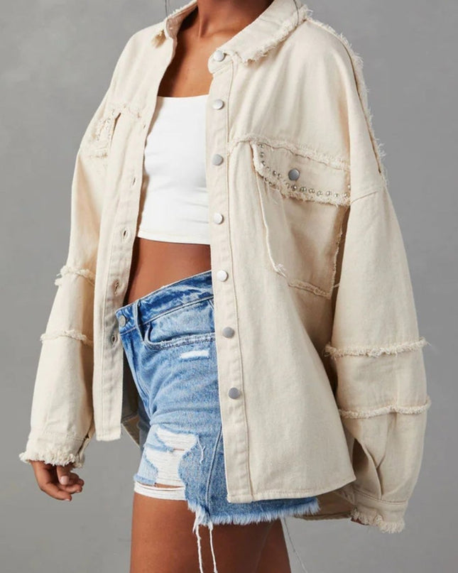 Button Down Raw Hem Denim Jacket - Trendsi