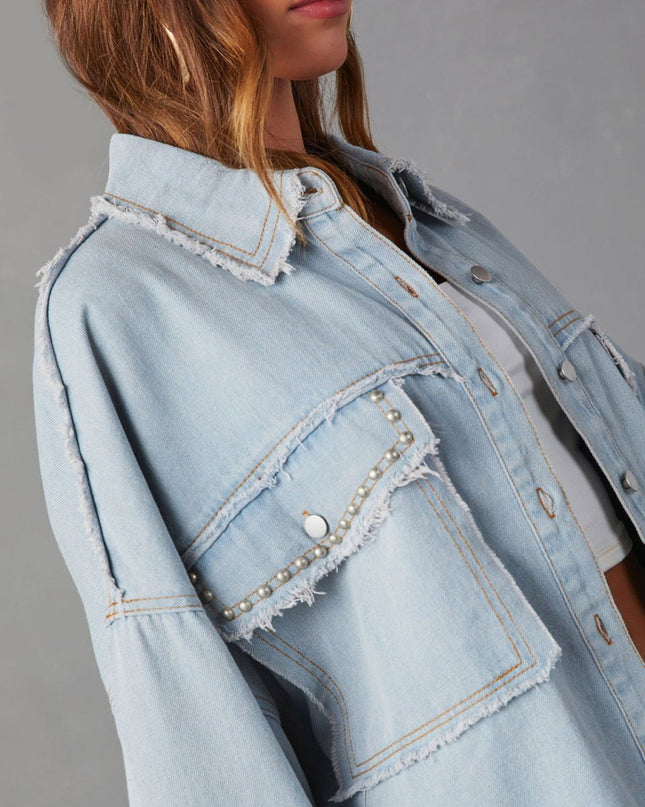 Button Down Raw Hem Denim Jacket - Trendsi