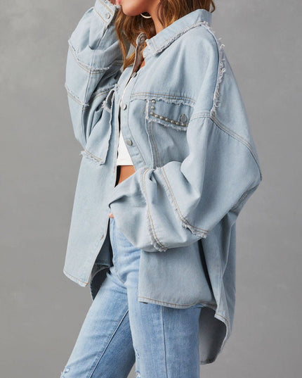 Button Down Raw Hem Denim Jacket - Trendsi
