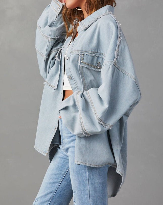 Button Down Raw Hem Denim Jacket - Trendsi