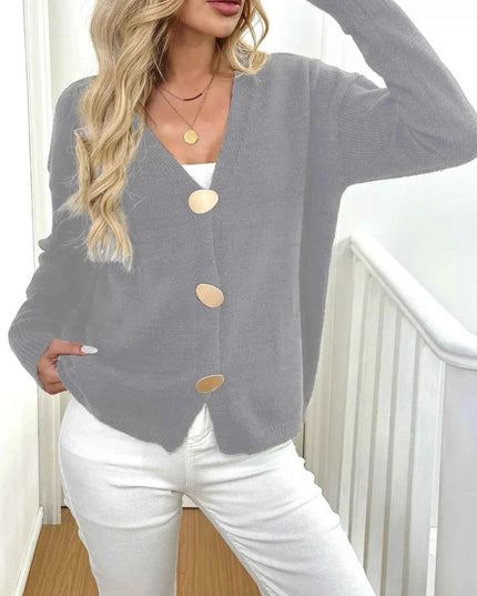 Button - Down V - Neck Cardigan - Trendsi