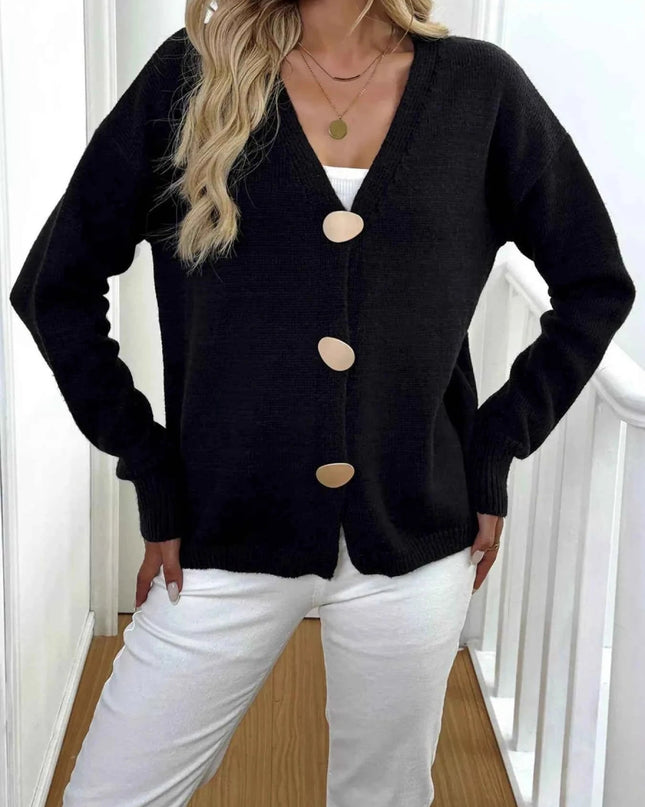 Button - Down V - Neck Cardigan - Trendsi