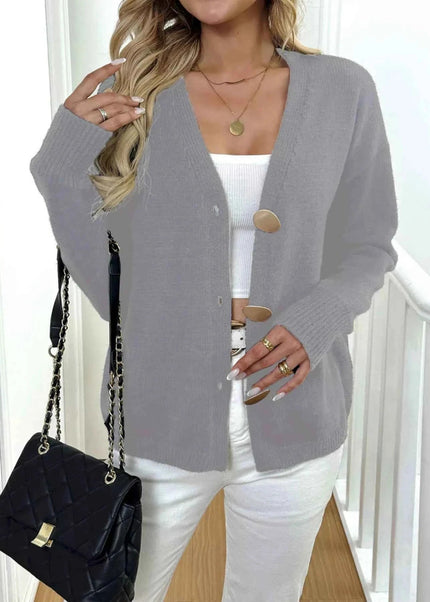Button - Down V - Neck Cardigan - Trendsi