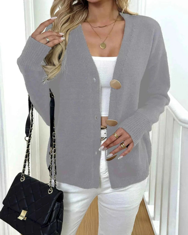 Button - Down V - Neck Cardigan - Trendsi