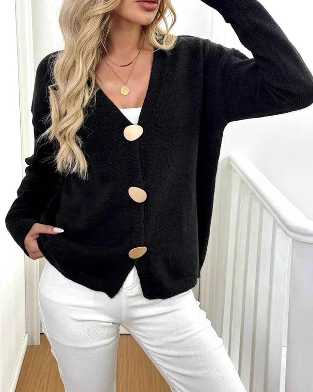 Button - Down V - Neck Cardigan - Trendsi