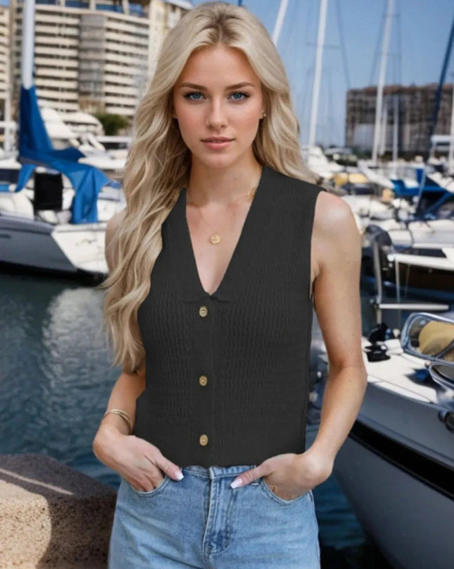 Button Down V - Neck Sweater Vest - Trendsi