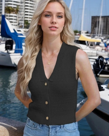 Button Down V - Neck Sweater Vest - Trendsi