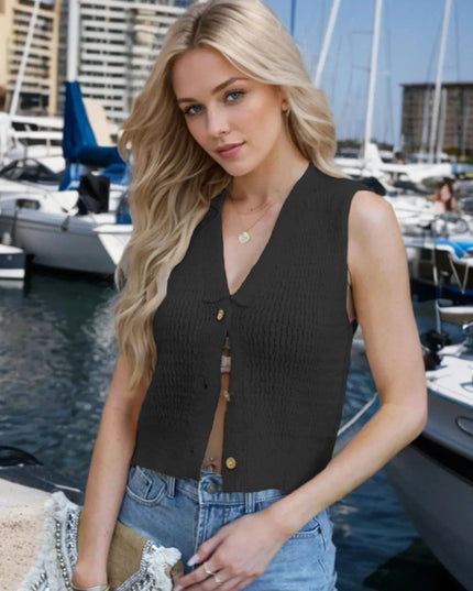 Button Down V - Neck Sweater Vest - Trendsi