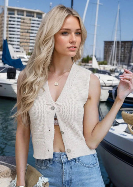 Button Down V - Neck Sweater Vest - Trendsi
