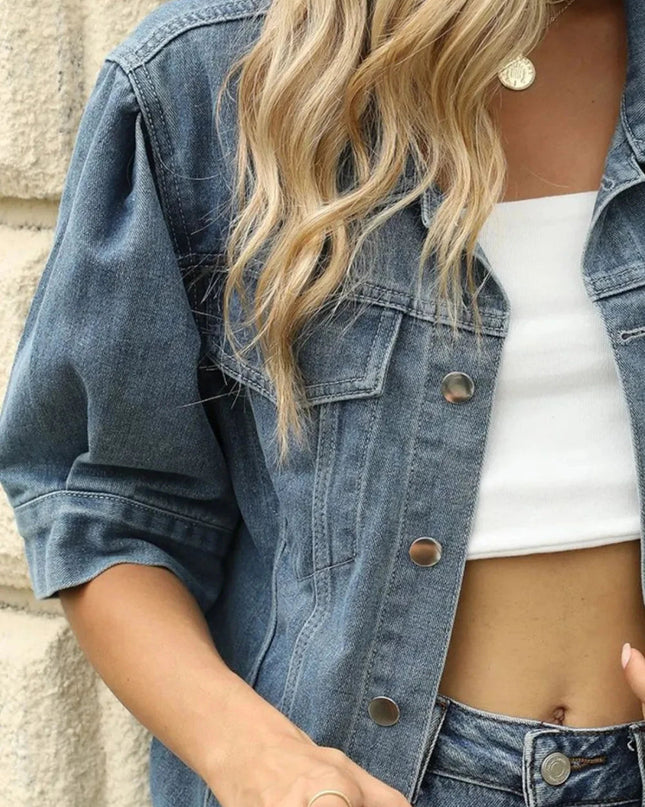 Button Down Washed Denim Jacket - Trendsi