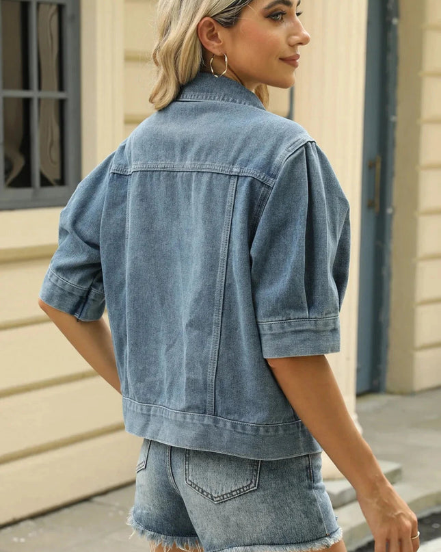 Button Down Washed Denim Jacket - Trendsi