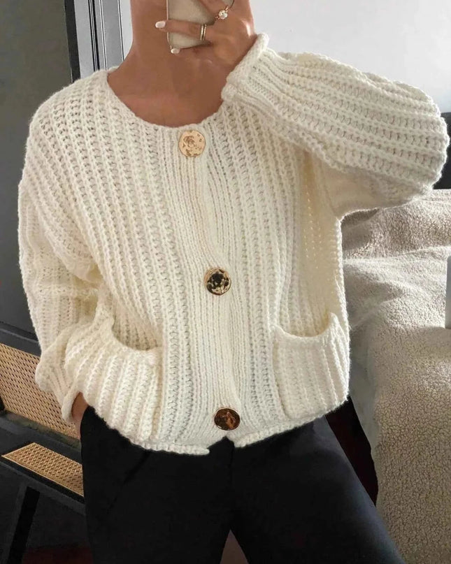 Button - Front Knit Cardigan with Pockets - Trendsi