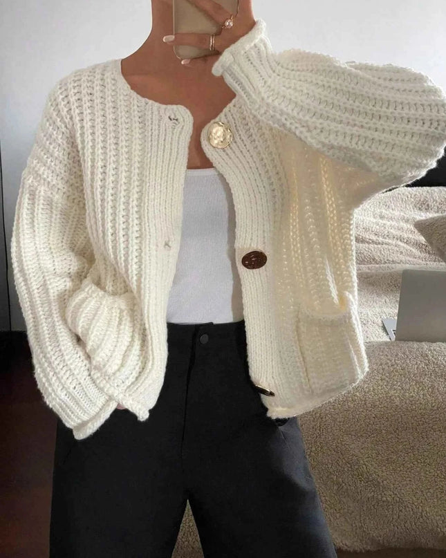 Button - Front Knit Cardigan with Pockets - Trendsi