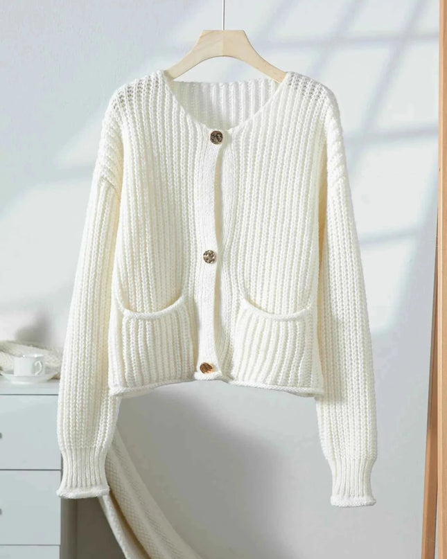 Button - Front Knit Cardigan with Pockets - Trendsi