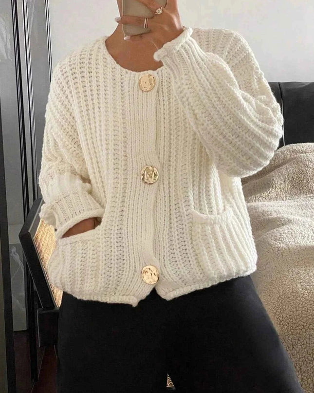 Button - Front Knit Cardigan with Pockets - Trendsi