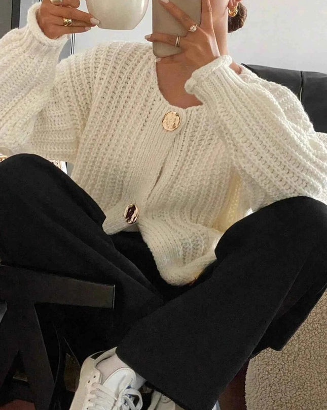 Button - Front Knit Cardigan with Pockets - Trendsi