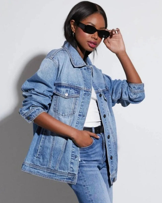 Button Up Collared Neck Denim Jacket - Trendsi