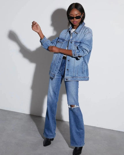 Button Up Collared Neck Denim Jacket - Trendsi