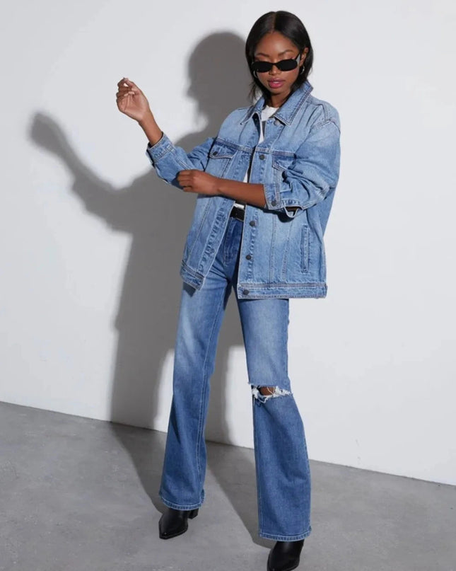 Button Up Collared Neck Denim Jacket - Trendsi