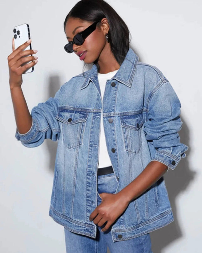 Button Up Collared Neck Denim Jacket - Trendsi