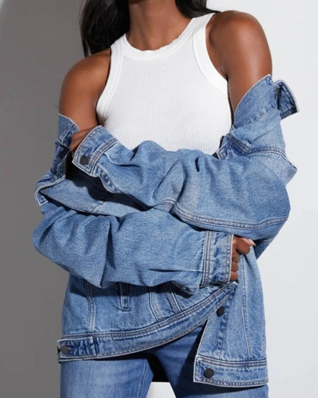 Button Up Collared Neck Denim Jacket - Trendsi