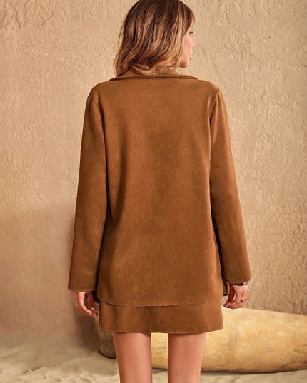 Button Up Collared Neck Jacket and Skirt Set - Trendsi