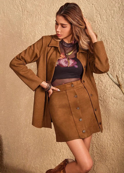 Button Up Collared Neck Jacket and Skirt Set - Trendsi