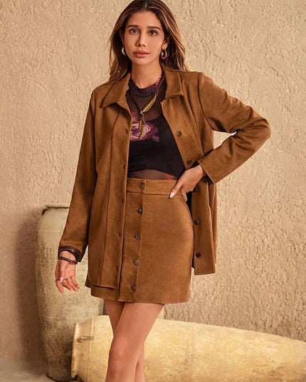 Button Up Collared Neck Jacket and Skirt Set - Trendsi