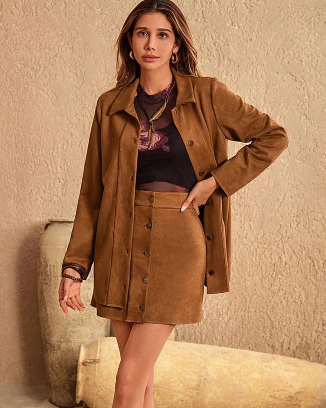 Button Up Collared Neck Jacket and Skirt Set - Trendsi